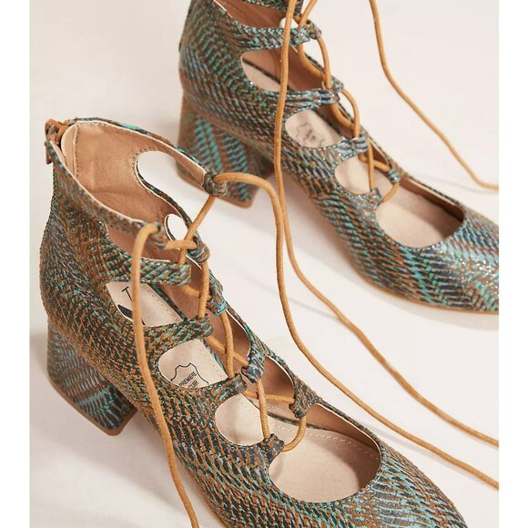 Vanessa Wu Ghillie Lace-Up Block Heels Size 38 US 7.5 Leather Upper Brown & Teal - Picture 3 of 12
